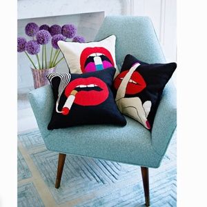 Jonathan Adler Smolder Lips needlepoint throw pillow